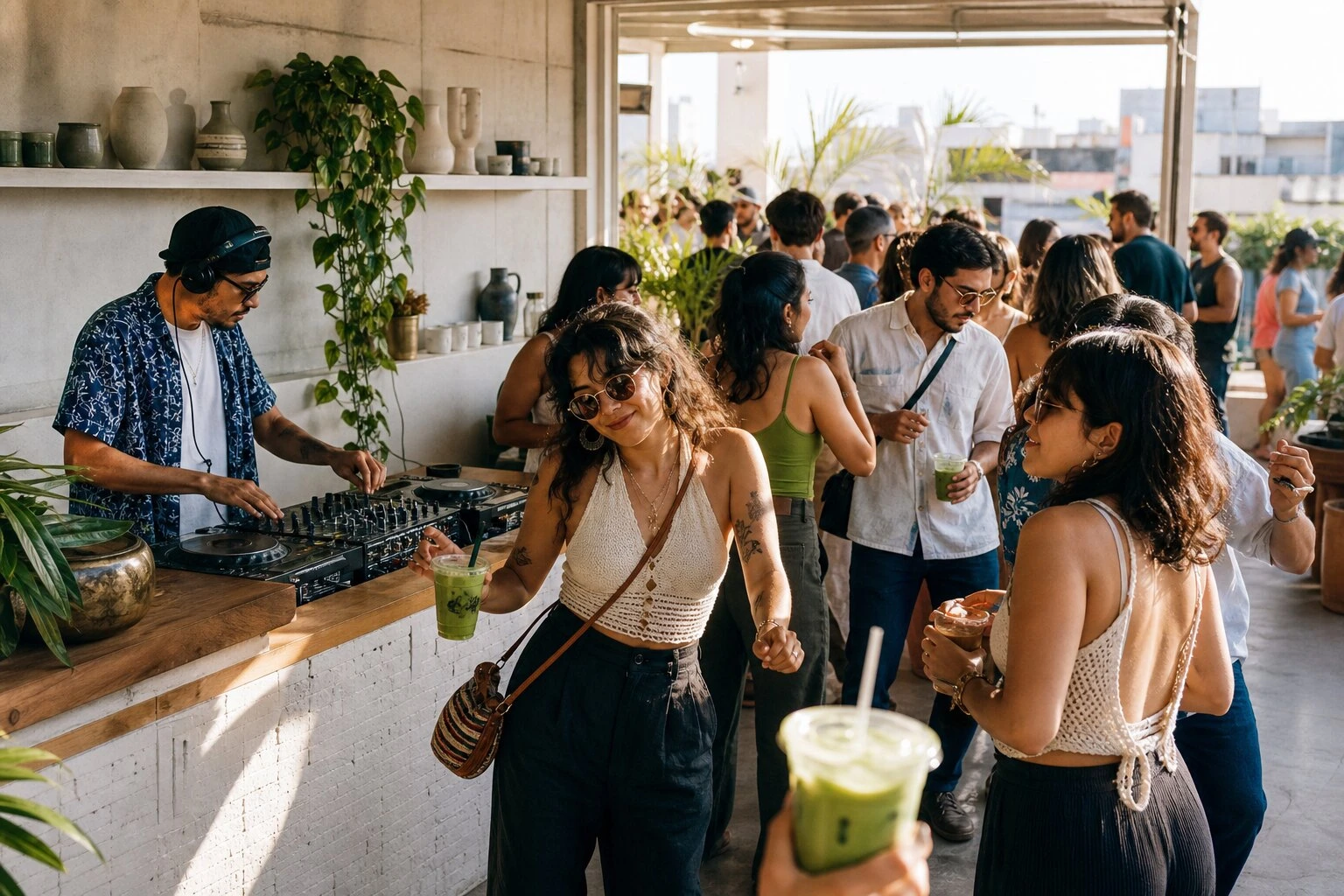 DJ tocando durante una fiesta diurna de café y matcha